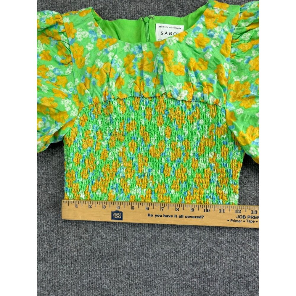 Sabo Australia Blouse Women's Small Green Puff Sleeve Cropped 100% Cotton - Picture 6 of 8